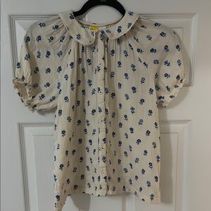 Cream Button-Up Blouse with Blue Floral Print
